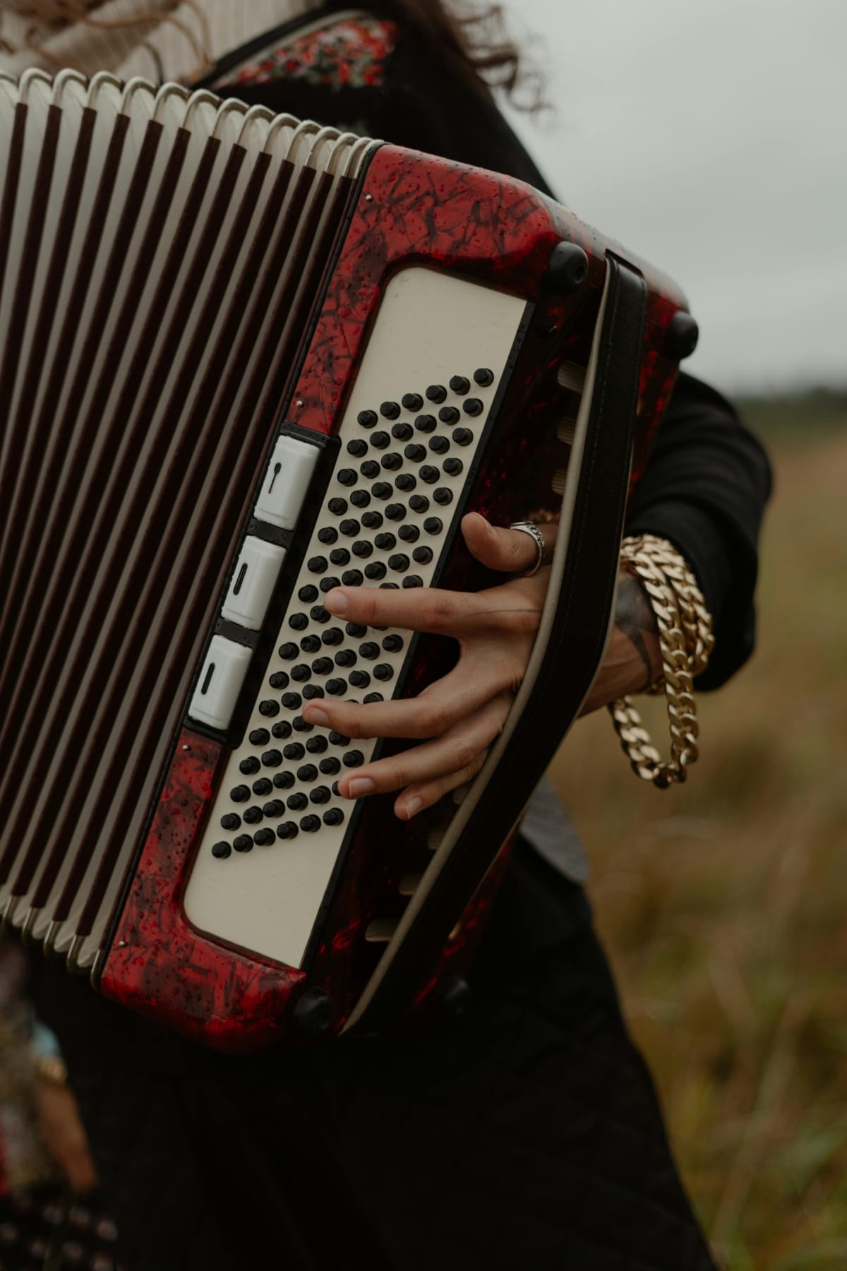 A detailed image of a person playing an accordion, adorned with a bracelet, in an outdoor setting.