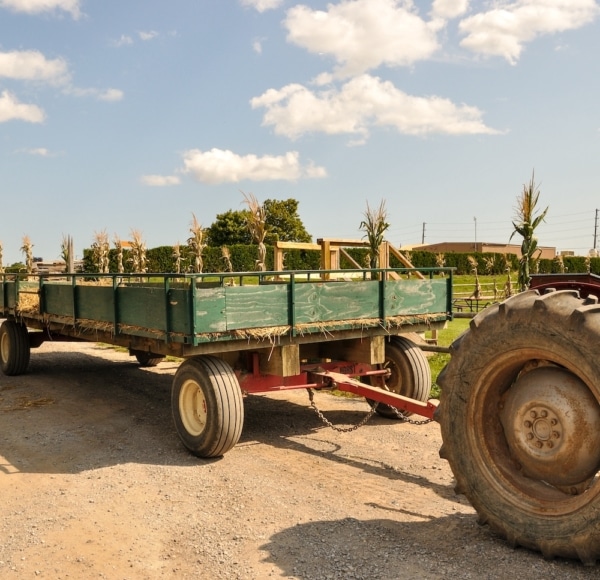Farmyard scene with hay wagon